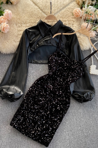 Moderan ženski komplet kratke košulje i haljine sa šljokicama