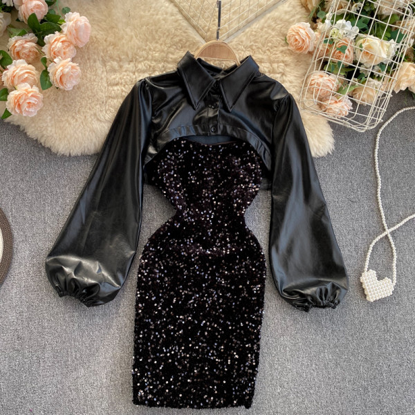 Moderan ženski komplet kratke košulje i haljine sa šljokicama