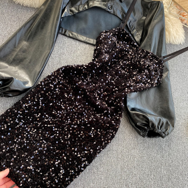 Moderan ženski komplet kratke košulje i haljine sa šljokicama