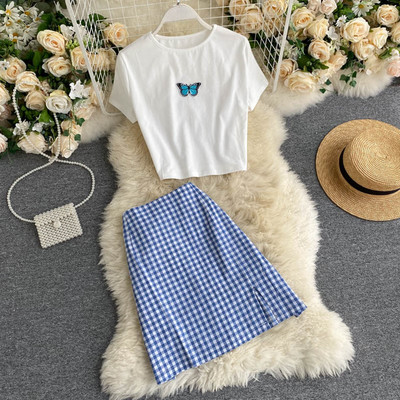 Casual γυναικείο σετ - μπλουζά και καρό φούστα