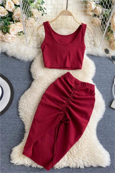 Komplet od dva dijela suknja + majica bez rukava u više boja za žene