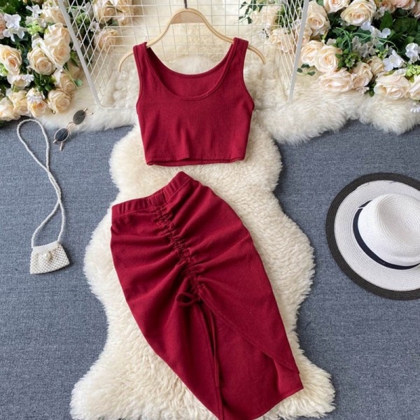 Komplet od dva dijela suknja + majica bez rukava u više boja za žene