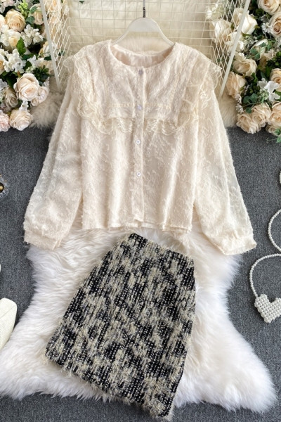 Stiilne naiste komplekt, mis sisaldab seelikut ja pitsiga särki