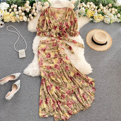 Καθημερινό μοντέρνο γυναικείο σετ με λουλουδάτο μοτίβο σε δύο μέρη