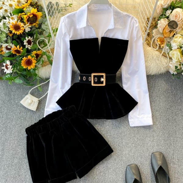 Νέο μοντέλο γυναικείο σετ - πουκάμισο και βελούδο σορτς