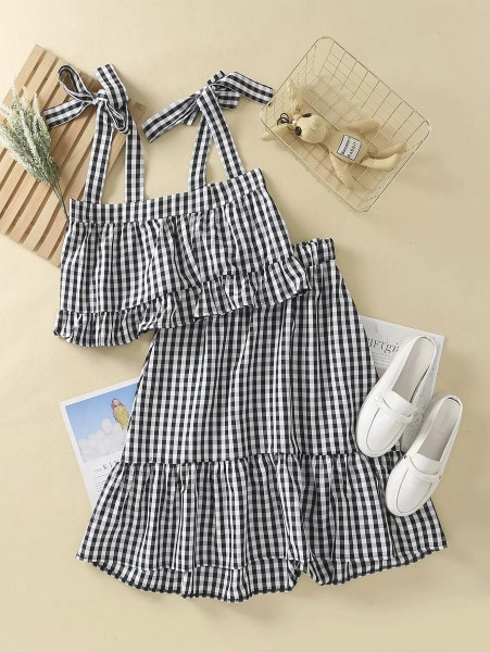 Suvine ruuduline komplekt - lühike särk ja lokkidega seelik