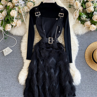 Új modell női blúz és ruha szett fekete rojtokkal