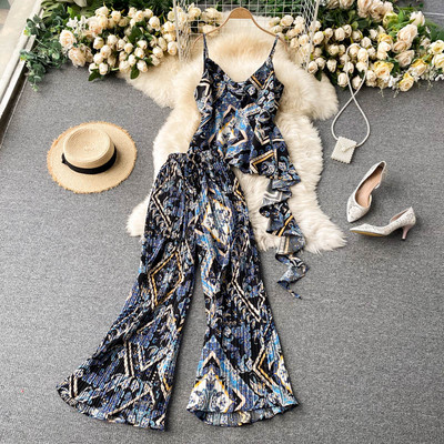 Πολύχρωμο γυναικείο σετ από δύο μέρη με αμάνικο φανελάκι και παντελόνι