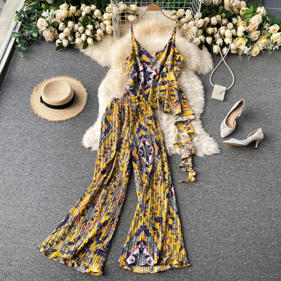 Πολύχρωμο γυναικείο σετ από δύο μέρη με αμάνικο φανελάκι και παντελόνι