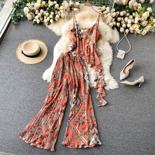 Πολύχρωμο γυναικείο σετ από δύο μέρη με αμάνικο φανελάκι και παντελόνι