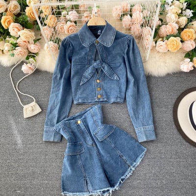 Két részből álló, kék színű női alkalmi farmer szett