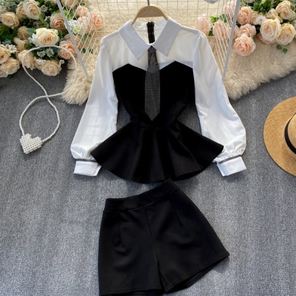 Naiste sügis-talvine krae ja lühikeste pükstega pluusikomplekt