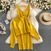 Naujo modelio moteriškas megztas megztinio ir suknelės komplektas