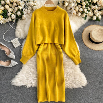 Naujo modelio moteriškas megztas megztinio ir suknelės komplektas