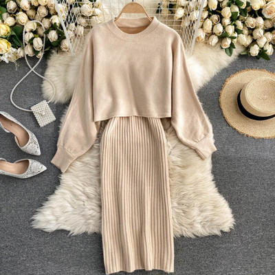 Naujo modelio moteriškas megztas megztinio ir suknelės komplektas