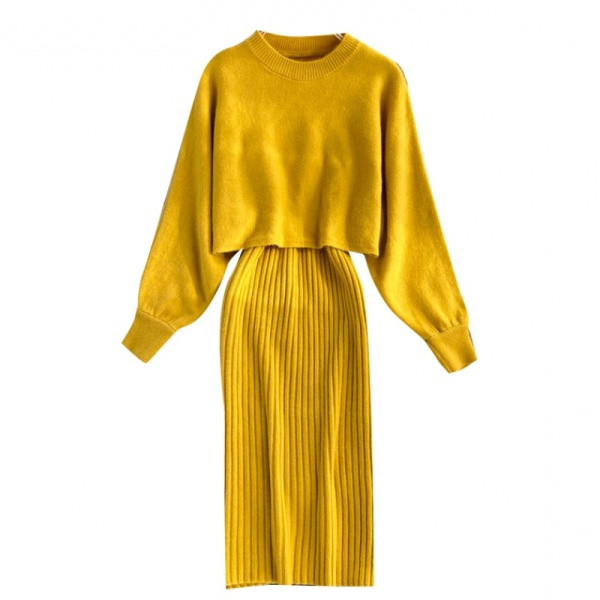 Naujo modelio moteriškas megztas megztinio ir suknelės komplektas