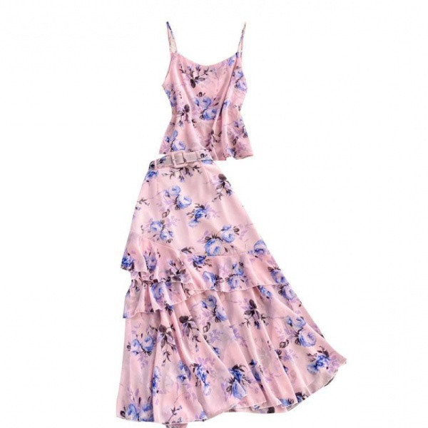 Női alkalmi szett virágmintával és övvel