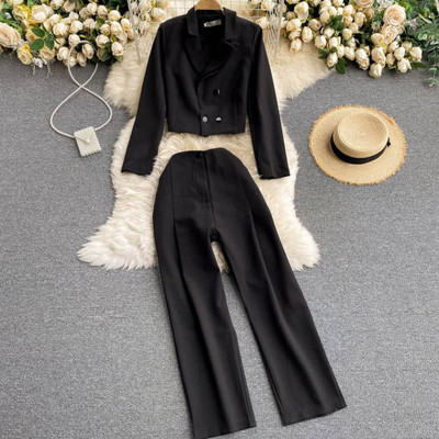 Stiilne musta värvi nööpidega kaheosaline naiste komplekt