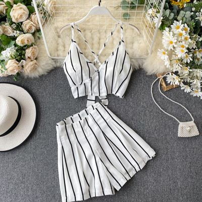 Új modell csíkos női szett két részből álló felső + rövidnadrág