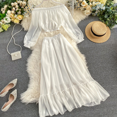 Ikdienas sieviešu komplekts baltā un sarkanā krāsā no blūzes un piegrieztiem svārkiem