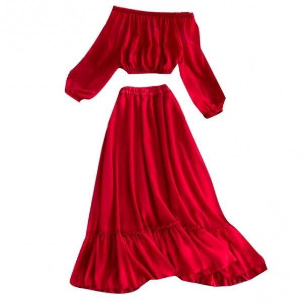 Ikdienas sieviešu komplekts baltā un sarkanā krāsā no blūzes un piegrieztiem svārkiem