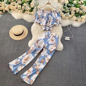 Πολύχρωμο γυναικείο σετ από κοντή μπλούζα και μακρύ παντελόνι με ελαστικό