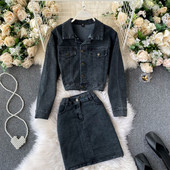 Casual γυναικείο τζιν σετ με δύο μέρη σε μαύρο χρώμα