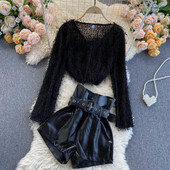 Modern női szett pulóverből és bőrnadrágból, magas derékkal