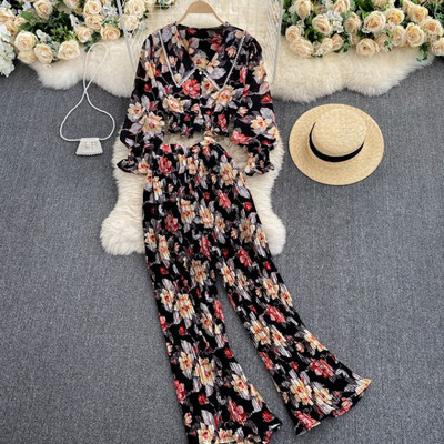 Γυναικείο σετ με λουλουδάτο μοτίβο και ελαστική μέση