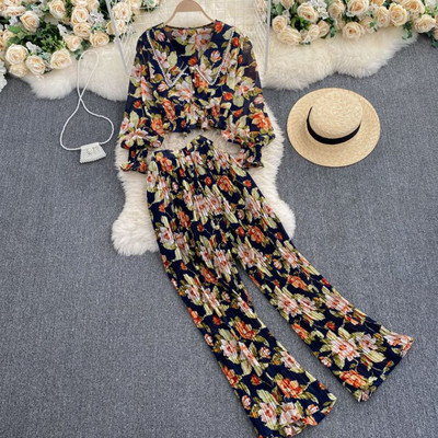 Γυναικείο σετ με λουλουδάτο μοτίβο και ελαστική μέση