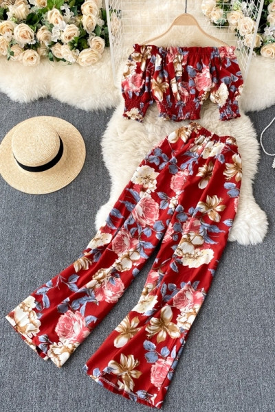 Spalvingas moteriškas trumpos palaidinės ir ilgų kelnių komplektas