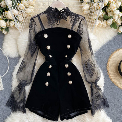 Нов модел дамски сет от две части гащеризон с копчета + тюлена блуза