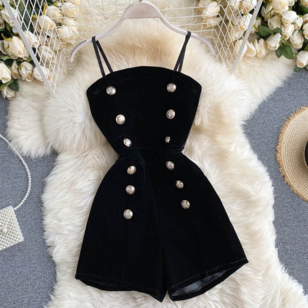 Нов модел дамски сет от две части гащеризон с копчета + тюлена блуза