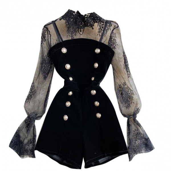 Нов модел дамски сет от две части гащеризон с копчета + тюлена блуза