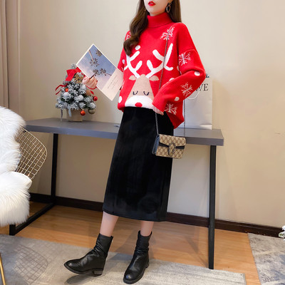 Casual γυναικείο σετ Χριστουγέννων πουλόβερ και πλισέ φούστα