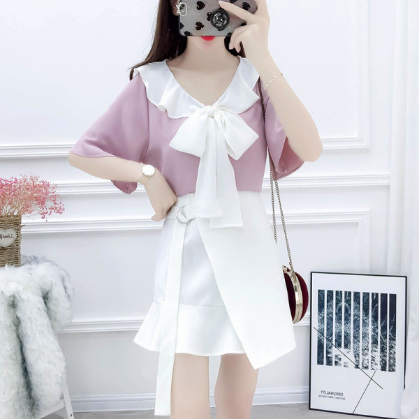 Комплект от дамска риза с 3/4 ръкав и пола 