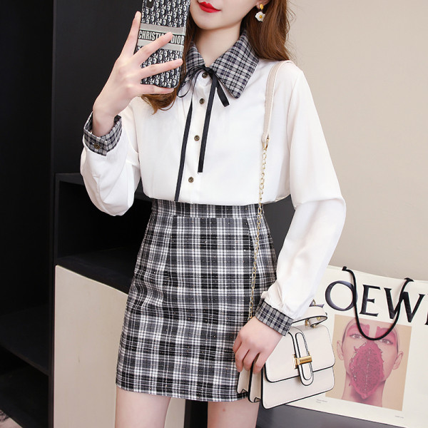 Ženski ležerni komplet košulje s kariranom suknjom