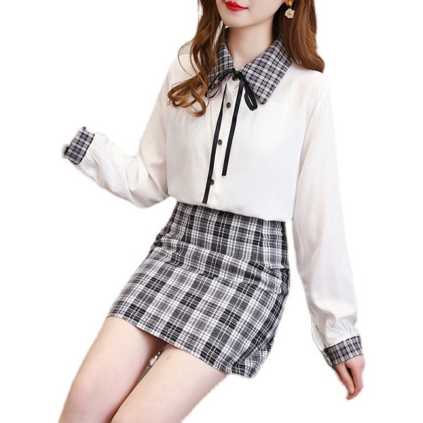 Ženski ležerni komplet košulje s kariranom suknjom