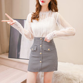 Naiste vabaaja pitsiga särgikomplekt ja kõrge vöökohaga ruuduline seelik