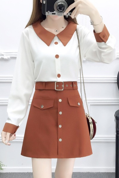 Νέο μοντέλο γυναικείο σετ πουκάμισο και φούστα με ζώνη 