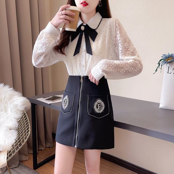 Novi model proljetnog kompleta čipkane košulje i suknje sa patentnim zatvaračem