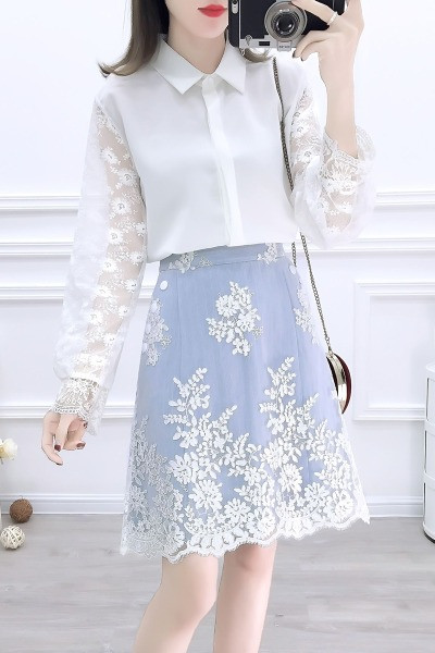 Γυναικείο casual σετ με κέντημα - φούστα και πουκάμισο