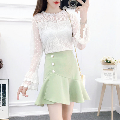 Casual γυναικεία σετ μπλούζα με δαντέλα και φούστα