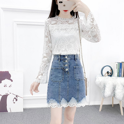 Σετ τζιν φούστα και  μπλούζα από δαντέλα