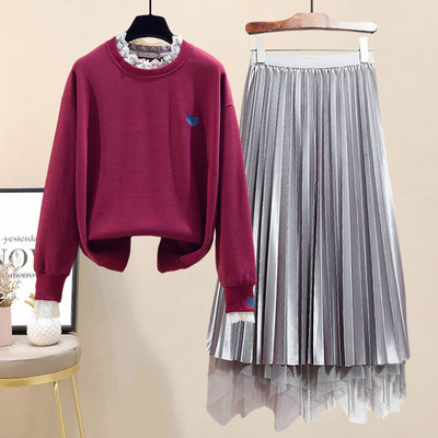 Moodne õhukese kampsuni ja plisseeritud seeliku komplekt