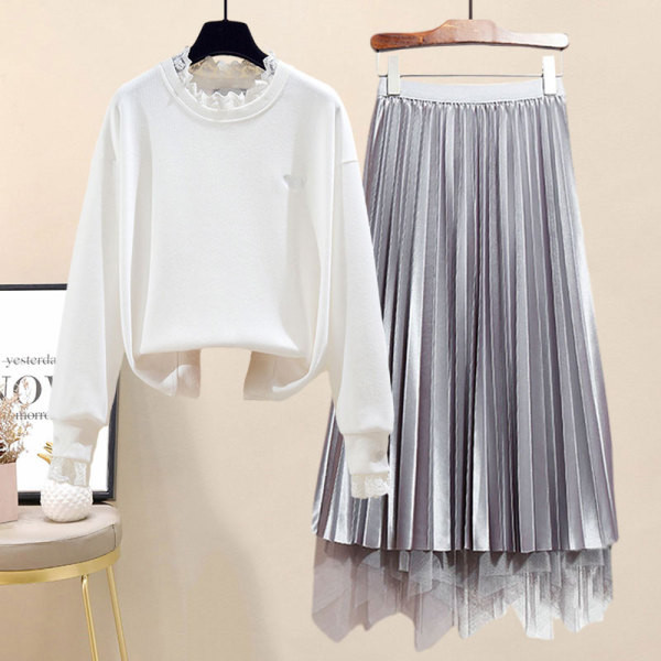 Moodne õhukese kampsuni ja plisseeritud seeliku komplekt