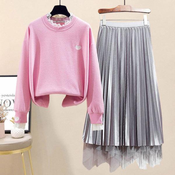 Moodne õhukese kampsuni ja plisseeritud seeliku komplekt