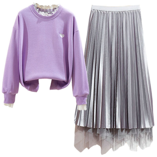 Moodne õhukese kampsuni ja plisseeritud seeliku komplekt