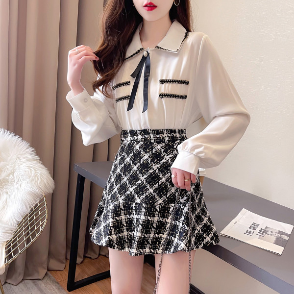 Модерен дамски комплект- от риза и карирана пола