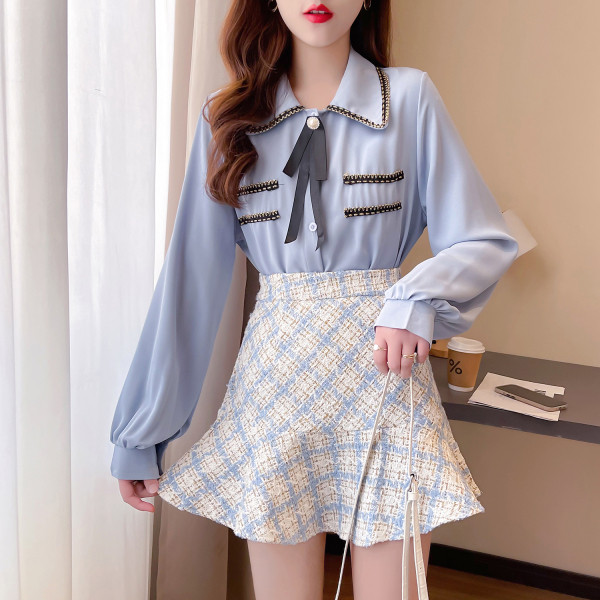 Модерен дамски комплект- от риза и карирана пола